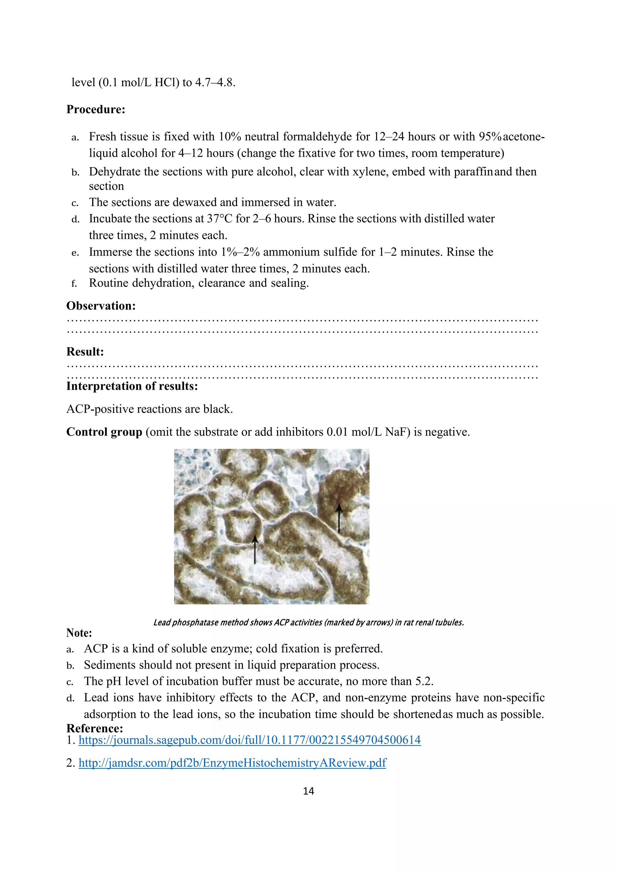 14
level (0.1 mol/L HCl) to 4.7–4.8.
Procedure:
a. Fresh tissue is fixed with 10% neutral formaldehyde for 12–24 hours or with 95%acetone-
liquid alcohol for 4–12 hours (change the fixative for two times, room temperature)
b. Dehydrate the sections with pure alcohol, clear with xylene, embed with paraffinand then
section
c. The sections are dewaxed and immersed in water.
d. Incubate the sections at 37°C for 2–6 hours. Rinse the sections with distilled water
three times, 2 minutes each.
e. Immerse the sections into 1%–2% ammonium sulfide for 1–2 minutes. Rinse the
sections with distilled water three times, 2 minutes each.
f. Routine dehydration, clearance and sealing.
Observation:
……………………………………………………………………………………………………
……………………………………………………………………………………………………
Result:
……………………………………………………………………………………………………
……………………………………………………………………………………………………
Interpretation of results:
ACP-positive reactions are black.
Control group (omit the substrate or add inhibitors 0.01 mol/L NaF) is negative.
Lead phosphatase method shows ACP activities (marked by arrows) in rat renal tubules.
Note:
a. ACP is a kind of soluble enzyme; cold fixation is preferred.
b. Sediments should not present in liquid preparation process.
c. The pH level of incubation buffer must be accurate, no more than 5.2.
d. Lead ions have inhibitory effects to the ACP, and non-enzyme proteins have non-specific
adsorption to the lead ions, so the incubation time should be shortenedas much as possible.
Reference:
1. https://journals.sagepub.com/doi/full/10.1177/002215549704500614
2. http://jamdsr.com/pdf2b/EnzymeHistochemistryAReview.pdf
 