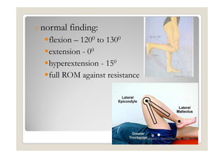 o normal   finding:
   flexion – 1200 to 1300
   extension - 00
   hyperextension - 150
   full ROM against resistance




                             Maria Carmela L. Domocmat, RN, MSN
 