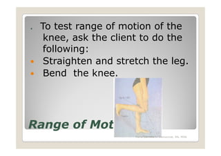 . To test range of motion of the
   knee, ask the client to do the
   following:
   Straighten and stretch the leg.
   Bend the knee.




Range of Motion
                      Maria Carmela L. Domocmat, RN, MSN
 