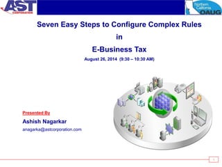 1
Presented By
Ashish Nagarkar
anagarka@astcorporation.com
Seven Easy Steps to Configure Complex Rules
in
E-Business Tax
August 26, 2014 (9:30 – 10:30 AM)
 