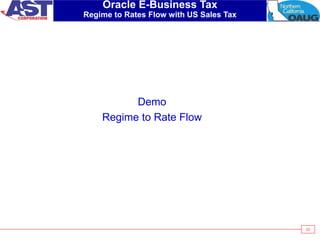 23
Oracle E-Business Tax
Regime to Rates Flow with US Sales Tax
Demo
Regime to Rate Flow
 