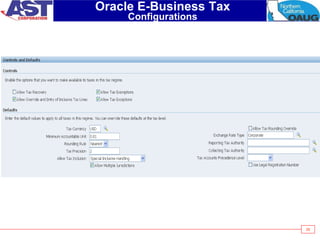 26
Oracle E-Business Tax
Configurations
 