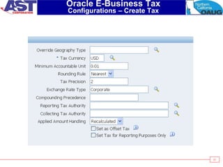 31
Oracle E-Business Tax
Configurations – Create Tax
 