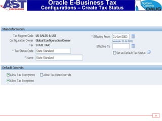 34
Oracle E-Business Tax
Configurations – Create Tax Status
 