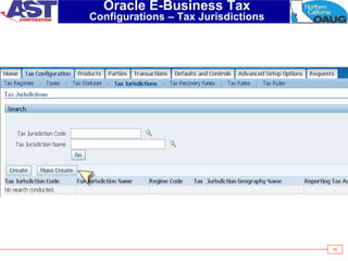 35
Oracle E-Business Tax
Configurations – Tax Jurisdictions
 