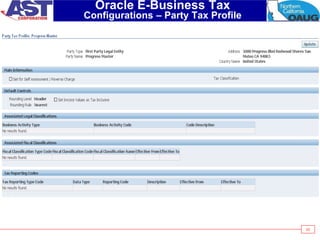 42
Oracle E-Business Tax
Configurations – Party Tax Profile
 