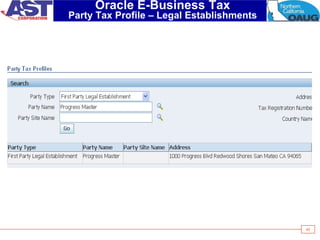 43
Oracle E-Business Tax
Party Tax Profile – Legal Establishments
 
