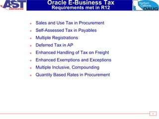 5
Oracle E-Business Tax
Requirements met in R12
 Sales and Use Tax in Procurement
 Self-Assessed Tax in Payables
 Multiple Registrations
 Deferred Tax in AP
 Enhanced Handling of Tax on Freight
 Enhanced Exemptions and Exceptions
 Multiple Inclusive, Compounding
 Quantity Based Rates in Procurement
 