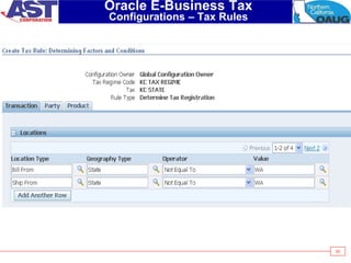 55
Oracle E-Business Tax
Configurations – Tax Rules
 