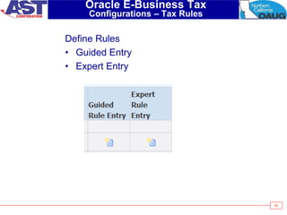 56
Oracle E-Business Tax
Configurations – Tax Rules
Define Rules
• Guided Entry
• Expert Entry
 