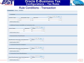 59
Oracle E-Business Tax
Configurations – Tax Rules
Rule Conditions - Transaction
 