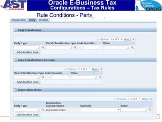 60
Oracle E-Business Tax
Configurations – Tax Rules
Rule Conditions - Party
 