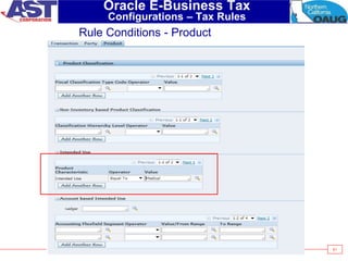 61
Oracle E-Business Tax
Configurations – Tax Rules
Rule Conditions - Product
 