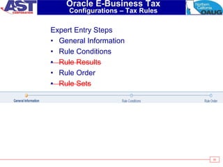 65
Oracle E-Business Tax
Configurations – Tax Rules
Expert Entry Steps
• General Information
• Rule Conditions
• Rule Results
• Rule Order
• Rule Sets
 