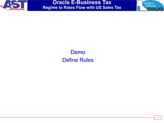 71
Oracle E-Business Tax
Regime to Rates Flow with US Sales Tax
Demo
Define Rules
 