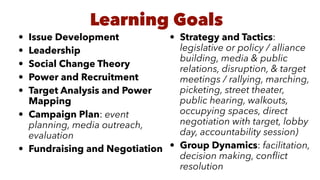 • Issue Development


• Leadership


• Social Change Theory


• Power and Recruitment


• Target Analysis and Power
Mapping


• Campaign Plan: event
planning, media outreach,
evaluation


• Fundraising and Negotiation


• Strategy and Tactics:
legislative or policy / alliance
building, media & public
relations, disruption, & target
meetings / rallying, marching,
picketing, street theater,
public hearing, walkouts,
occupying spaces, direct
negotiation with target, lobby
day, accountability session)


• Group Dynamics: facilitation,
decision making, con
fl
ict
resolution
Learning Goals
 