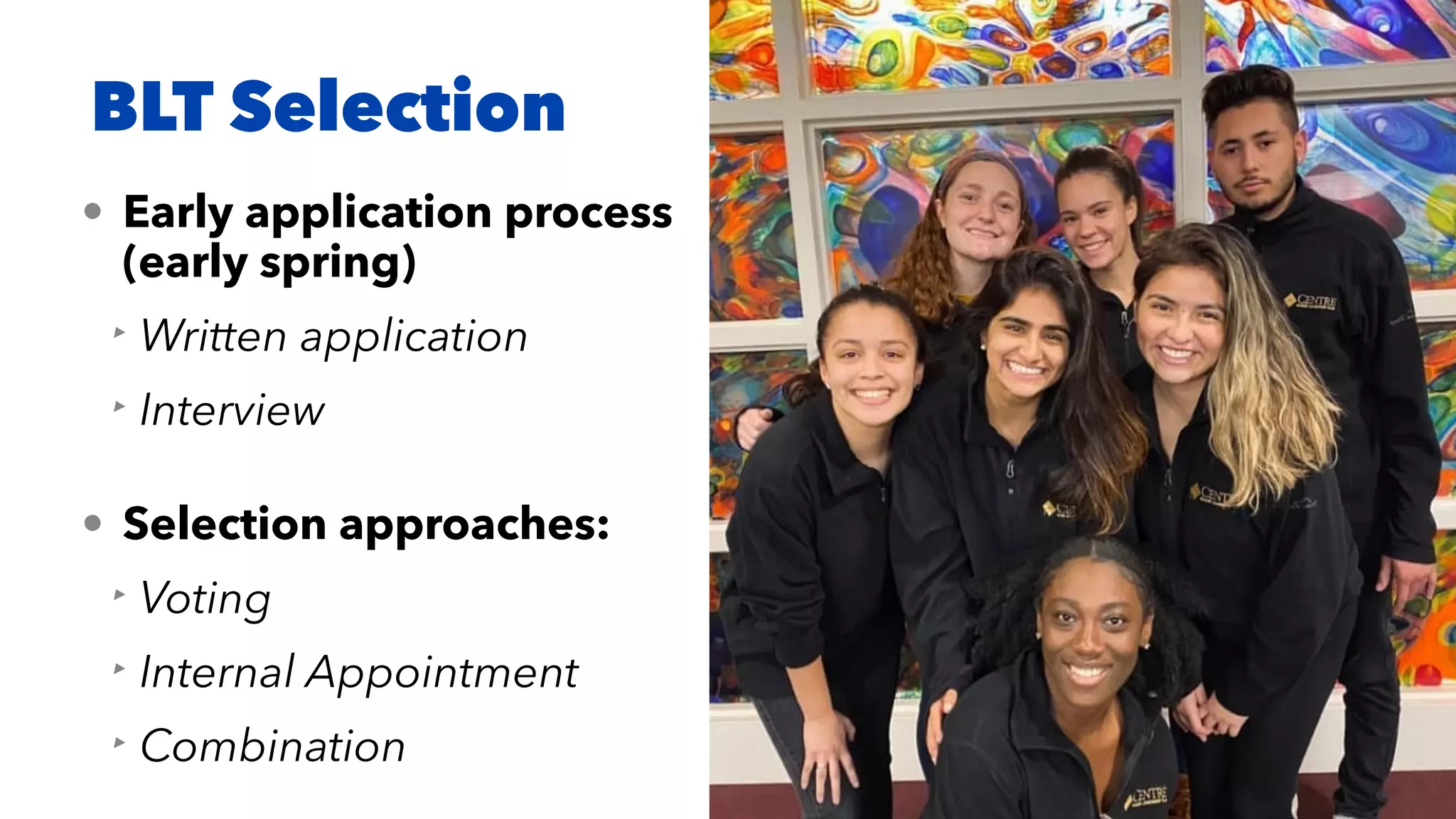 BLT Selection
• Early application process
(early spring)


‣ Written application


‣ Interview


• Selection approaches:


‣ Voting


‣ Internal Appointment


‣ Combination
 