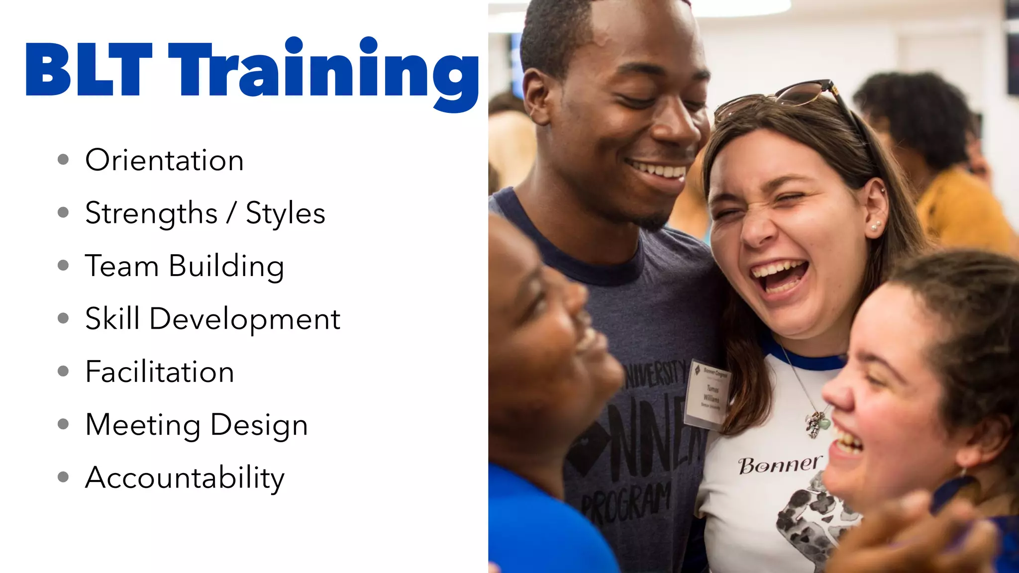 BLT Training
• Orientation


• Strengths / Styles


• Team Building


• Skill Development


• Facilitation


• Meeting Design


• Accountability
 