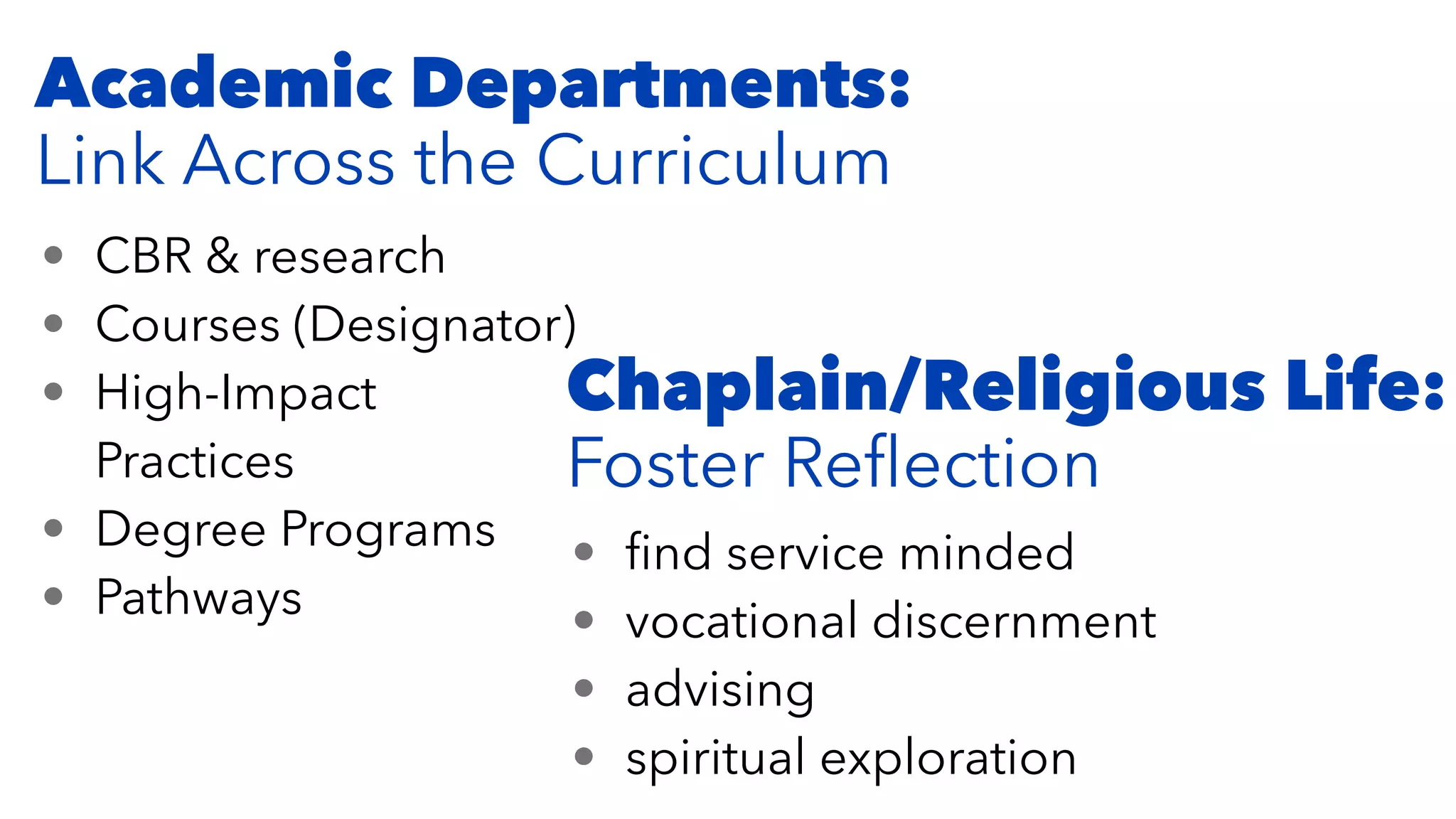 Academic Departments:


Link Across the Curriculum
• CBR & research


• Courses (Designator)


• High-Impact
Practices


• Degree Programs


• Pathways
•
fi
nd service minded


• vocational discernment


• advising


• spiritual exploration
Chaplain/Religious Life:


Foster Re
fl
ection
 