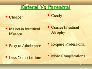 Enteral Vs ParentralEnteral Vs Parentral
 CheaperCheaper
 Maintain IntestinalMaintain Intestinal
MucosaMucosa
 Easy to AdministerEasy to Administer
 Less ComplicationsLess Complications
 CostlyCostly
 Causes IntestinalCauses Intestinal
AtrophyAtrophy
 Require ProfessionalRequire Professional
 More ComplicationsMore Complications
 