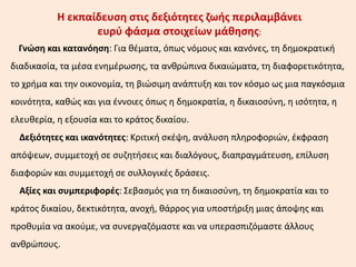 Η εκπαίδευση στις δεξιότητες ζωής περιλαμβάνει
ευρύ φάσμα στοιχείων μάθησης:
Γνώση και κατανόηση: Για θέματα, όπως νόμους και κανόνες, τη δημοκρατική
διαδικασία, τα μέσα ενημέρωσης, τα ανθρώπινα δικαιώματα, τη διαφορετικότητα,
το χρήμα και την οικονομία, τη βιώσιμη ανάπτυξη και τον κόσμο ως μια παγκόσμια
κοινότητα, καθώς και για έννοιες όπως η δημοκρατία, η δικαιοσύνη, η ισότητα, η
ελευθερία, η εξουσία και το κράτος δικαίου.
Δεξιότητες και ικανότητες: Κριτική σκέψη, ανάλυση πληροφοριών, έκφραση
απόψεων, συμμετοχή σε συζητήσεις και διαλόγους, διαπραγμάτευση, επίλυση
διαφορών και συμμετοχή σε συλλογικές δράσεις.
Αξίες και συμπεριφορές: Σεβασμός για τη δικαιοσύνη, τη δημοκρατία και το
κράτος δικαίου, δεκτικότητα, ανοχή, θάρρος για υποστήριξη μιας άποψης και
προθυμία να ακούμε, να συνεργαζόμαστε και να υπερασπιζόμαστε άλλους
ανθρώπους.
 