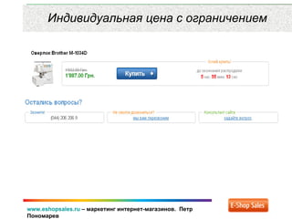 www.eshopsales.ru – маркетинг интернет-магазинов. Петр
Пономарев
Индивидуальная цена с ограничением
 