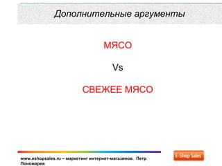 www.eshopsales.ru – маркетинг интернет-магазинов. Петр
Пономарев
Дополнительные аргументы
МЯСО
Vs
СВЕЖЕЕ МЯСО
 