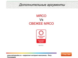 www.eshopsales.ru – маркетинг интернет-магазинов. Петр
Пономарев
Дополнительные аргументы
МЯСО
Vs
СВЕЖЕЕ МЯСО
 