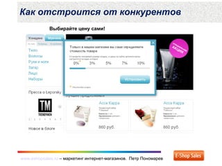 www.eshopsales.ru – маркетинг интернет-магазинов. Петр Пономаревwww.eshopsales.ru – маркетинг интернет-магазинов. Петр Пономарев
Как отстроится от конкурентов
Выбирайте цену сами!
 