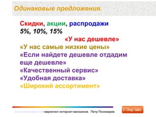 www.eshopsales.ru – маркетинг интернет-магазинов. Петр Пономаревwww.eshopsales.ru – маркетинг интернет-магазинов. Петр Пономарев
Одинаковые предложения.
Скидки, акции, распродажи
5%, 10%, 15%
«У нас дешевле»
«У нас самые низкие цены»
«Если найдете дешевле отдадим
еще дешевле»
«Качественный сервис»
«Удобная доставка»
«Широкий ассортимент»
 