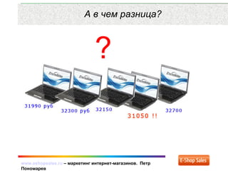 www.eshopsales.ru – маркетинг интернет-магазинов. Петр
Пономарев
А в чем разница?
?
 
