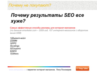 www.eshopsales.ru – маркетинг интернет-магазинов. Петр Пономаревwww.eshopsales.ru – маркетинг интернет-магазинов. Петр Пономарев
Почему не покупают?
Почему результаты SEO все
хуже?
Самые эффективные способы рекламы для интернет-магазинов
(по данным emarketer.com – 2009 год, 157 интернет-магазинов с оборотом
выше $3М)
1)Директ-мэйл
2)SMM
3)PPC
4)Listings
5)Coupons
6)SEO
7)Others
 