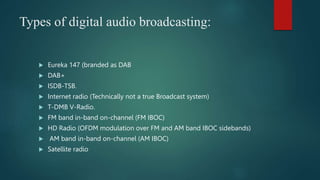 Types of digital audio broadcasting:
? Eureka 147 (branded as DAB
? DAB+
? ISDB-TSB.
? Internet radio (Technically not a true Broadcast system)
? T-DMB V-Radio.
? FM band in-band on-channel (FM IBOC)
? HD Radio (OFDM modulation over FM and AM band IBOC sidebands)
? AM band in-band on-channel (AM IBOC)
? Satellite radio
 