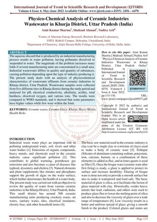 Physico Chemical Analysis of Ceramic Industries Wastewater in Khurja ...