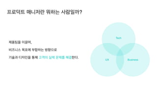 제품팀을 이끌며,
 

비즈니스 목표에 부합하는 방향으로
 

기술과 디자인을 통해 고객의 실제 문제를 해결한다.
UX Business
프로덕트 매니저란 뭐하는 사람일까?
Tech
 