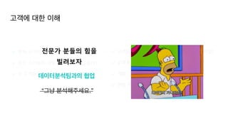 고객에 대한 이해
✔ 현재 우리의 중대한 문제는 무엇인가
?

✔ 우리 고객들은 어떻게 분류할 수 있을까?
 

✔ 이 고객들은 어떤 양상을 보이는가?
✔ 고객들의 액션에 어떤 연관관계가 있는가? (가설
)

✔ 문제를 해결하기 위한 솔루션
 

✔ 개발
✔ 현황 트래킹
데이터분석팀과의 협업
“그냥 분석해주세요.”
고객에 대한 이해
전문가 분들의 힘을
빌려보자
 