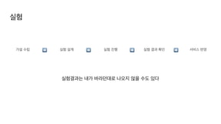 실험
가설 수립 실험 설계
➡ ➡ ➡
실험 진행 실험 결과 확인 서비스 반영
➡
실험결과는 내가 바라던대로 나오지 않을 수도 있다
 