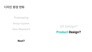 디자인 환경 변화
Design System
Prototyping
User Research
...
Next?
UX Design?
Product Design?
 