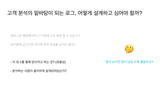 고객 분석의 밑바탕이 되는 로그, 어떻게 설계하고 심어야 할까?
많이 남기면 많이 남길 수록 좋을까요?
🤔
앱로그로 해결해야하나? 서버로그로 해결 할 수 있는가
?

테이블에 남긴다면 어디에 어떤 정보를 남겨야 할까?
 

- 이 로그를 통해 얻으려고 하는 것? (유용성
)

- 분석하는 사람이 용이하게 설계되어있는가?
 