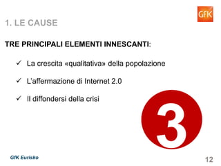 12GfK Eurisko
1. LE CAUSE
TRE PRINCIPALI ELEMENTI INNESCANTI:
La crescita «qualitativa» della popolazione
L’affermazione di Internet 2.0
Il diffondersi della crisi
 