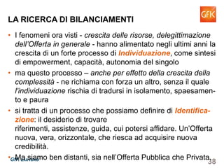 38GfK Eurisko
• I fenomeni ora visti - crescita delle risorse, delegittimazione
dell’Offerta in generale - hanno alimentato negli ultimi anni la
crescita di un forte processo di Individuazione, come sintesi
di empowerment, capacità, autonomia del singolo
• ma questo processo – anche per effetto della crescita della
complessità - ne richiama con forza un altro, senza il quale
l'individuazione rischia di tradursi in isolamento, spaesamen-
to e paura
• si tratta di un processo che possiamo definire di Identifica-
zione: il desiderio di trovare riferimenti, assistenze, guida,
cui potersi affidare. Un’Offerta nuova, vera, orizzontale, che
riesca ad acquisire nuova credibilità.
• Ma siamo ben distanti, sia nell’Offerta Pubblica che Privata.
LA RICERCA DI BILANCIAMENTI
 