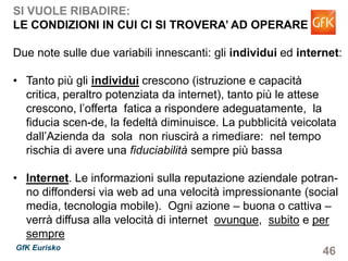 46GfK Eurisko
SI VUOLE RIBADIRE:
LE CONDIZIONI IN CUI CI SI TROVERA’ AD OPERARE
Due note sulle due variabili innescanti: gli individui ed internet:
• Tanto più gli individui crescono (istruzione e capacità critica,
peraltro potenziata da internet), tanto più le attese crescono,
l’offerta fatica a rispondere adeguatamente, la fiducia scen-
de, la fedeltà diminuisce. La pubblicità veicolata dall’Azienda
da sola non riuscirà a rimediare: nel tempo rischia di avere
una fiduciabilità sempre più bassa
• Internet. Le informazioni sulla reputazione aziendale potran-
no diffondersi via web ad una velocità impressionante (social
media, tecnologia mobile). Ogni azione – buona o cattiva –
verrà diffusa alla velocità di internet ovunque, subito e per
sempre
 