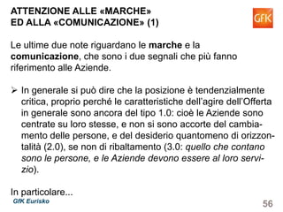 56GfK Eurisko
ATTENZIONE ALLE «MARCHE»
ED ALLA «COMUNICAZIONE» (1)
Le ultime due note riguardano le marche e la comunicazione,
che sono i due segnali che più fanno riferimento alle Aziende.
In generale si può dire che la posizione è tendenzialmente
critica, proprio perché le caratteristiche dell’agire dell’Offerta
in generale sono ancora del tipo 1.0: cioè le Aziende sono
centrate su loro stesse, e non si sono accorte del cambia-
mento delle persone, e del desiderio quantomeno di orizzon-
talità (2.0), se non di ribaltamento (3.0: quello che contano
sono le persone, e le Aziende devono essere al loro servi-
zio).
In particolare...
 