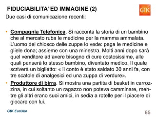 65GfK Eurisko
Due casi di comunicazione recenti:
• Compagnia Telefonica. Si racconta la storia di un bambino
che al mercato ruba le medicine per la mamma ammalata.
L’uomo del chiosco delle zuppe lo vede: paga le medicine e
gliele dona; assieme con una minestra. Molti anni dopo sarà
quel venditore ad avere bisogno di cure costosissime, alle
quali penserà lo stesso bambino, diventato medico. Il quale
scriverà un biglietto: « il conto è stato saldato 30 anni fa, con
tre scatole di analgesici ed una zuppa di verdure».
• Produttore di birra. Si mostra una partita di basket in carroz-
zina, in cui soltanto un ragazzo non poteva camminare, men-
tre gli altri erano suoi amici, in sedia a rotelle per il piacere di
giocare con lui.
FIDUCIABILITA’ ED IMMAGINE (2)
 