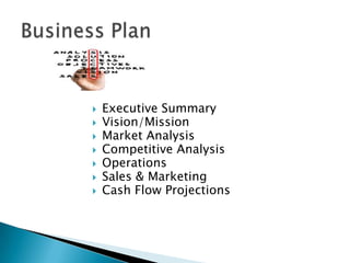 Executive SummaryVision/MissionMarket AnalysisCompetitive AnalysisOperationsSales & MarketingCash Flow ProjectionsBusiness Plan