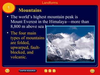 The world’s highest mountain peak is Mount Everest in the Himalaya — more than 8,800 m above sea level.   Mountains Landforms 1 The four main types of mountains are folded, upwarped, fault-blocked, and volcanic. 