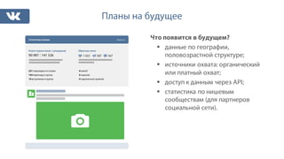 Планы на будущее
Что появится в будущем?
§ данные по географии,
половозрастной структуре;
§ источники охвата: органический
или платный охват;
§ доступ к данным через API;
§ статистика по нишевым
сообществам (для партнеров
социальной сети).
 