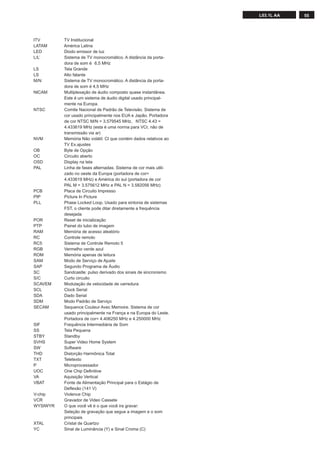 55L03.1L AA
ITV TV Institucional
LATAM América Latina
LED Diodo emissor de luz
L/L’ Sistema de TV monocromático. A distância da porta-
dora de som é 6,5 MHz
LS Tela Grande
LS Alto falante
M/N Sistema de TV monocromático. A distância da porta-
dora de som é 4,5 MHz
NICAM Multiplexação de áudio composto quase instantânea.
Este é um sistema de áudio digital usado principal-
mente na Europa.
NTSC Comite Nacional de Padrão de Televisão. Sistema de
cor usado principalmente nos EUA e Japão. Portadora
de cor NTSC M/N = 3.579545 MHz, NTSC 4.43 =
4.433619 MHz (esta é uma norma para VCr, não de
transmissão via ar)
NVM Memória Não volátil: CI que contém dados relativos ao
TV Ex.ajustes
OB Byte de Opção
OC Circuito aberto
OSD Display na tela
PAL Linha de fases alternadas. Sistema de cor mais utili-
zado no oeste da Europa (portadora de cor=
4.433619 MHz) e América do sul (portadora de cor
PAL M = 3.575612 MHz e PAL N = 3.582056 MHz)
PCB Placa de Circuito Impresso
PIP Picture In Picture
PLL Phase Locked Loop. Usado para sintonia de sistemas
FST, o cliente pode ditar diretamente a frequência
desejada
POR Reset de inicialização
PTP Painel do tubo de imagem
RAM Memória de acesso aleatório
RC Controle remoto
RC5 Sistema de Controle Remoto 5
RGB Vermelho verde azul
ROM Memória apenas de leitura
SAM Modo de Serviço de Ajuste
SAP Segundo Programa de Áudio
SC Sandcastle: pulso derivado dos sinais de sincronismo
S/C Curto circuito
SCAVEM Modulação de velocidade de varredura
SCL Clock Serial
SDA Dado Serial
SDM Modo Padrão de Serviço
SECAM Sequence Couleur Avec Memoire. Sistema de cor
usado principalmente na França e na Europa do Leste.
Portadora de cor= 4.406250 MHz e 4.250000 MHz
SIF Frequência Intermediária de Som
SS Tela Pequena
STBY Standby
SVHS Super Video Home System
SW Software
THD Distorção Harmônica Total
TXT Teletexto
P Microprocessador
UOC One Chip Deﬁnitive
VA Aquisição Vertical
VBAT Fonte de Alimentação Principal para o Estágio de
Deﬂexão (141 V)
V-chip Violence Chip
VCR Gravador de Video Cassete
WYSIWYR O que você vê é o que você ira gravar:
Seleção de gravação que segue a imagem e o som
principais
XTAL Cristal de Quartzo
YC Sinal de Luminância (Y) e Sinal Croma (C)
 