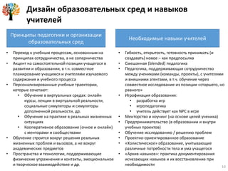 10
Дизайн образовательных сред и навыков
учителей
Принципы педагогики и организации
образовательных сред
Необходимые навыки учителей
• Переход к учебным процессам, основанным на
принципах сотрудничества, а не соперничества
• Акцент на самостоятельной позиции учащегося в
развитии и образовании, в т.ч. совместное
планирование учащимся и учителями изучаемого
содержания и учебного процесса
• Персонализированные учебные траектории,
которые сочетают:
• Обучение в виртуальных средах: онлайн
курсы, лекции в виртуальной реальности,
социальные симуляторы и симуляторы
дополненной реальности, др.
• Обучение на практике в реальных жизненных
ситуациях
• Кооперативное образование (очное и онлайн)
с менторами и сообществами
• Обучение строится вокруг решения реальных
жизненных проблем и вызовов, а не вокруг
академических предметов
• Пространства и технологии, поддерживающие
физические упражнения и контакты, эмоциональное
и творческое взаимодействие и др.
• Гибкость, открытость, готовность принимать (и
создавать) новое – как предпосылка
• Смешанная (blended) педагогика
• Педагогика, поддерживающая сотрудничество
между учениками (команды, проекты), с учителями
и внешними агентами, в т.ч. обучение через
совместное исследование из позиции «старшего, но
равного»
• Игрофикация образования:
• разработка игр
• игропедагогика
• учитель действует как NPC в игре
• Менторство и коучинг (на основе целей ученика)
• Предпринимательство (в образовании и внутри
учебных проектов)
• Обучение исследованию / решению проблем
• Проектно-ориентированное образование
• «Холистическое» образование, учитывающие
различные потребности тела и ума учащегося
• «Архив навыков»: практика документирования
исчезающих навыков и их восстановление при
необходимости
 