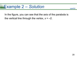 20
Example 2 – Solution
In the figure, you can see that the axis of the parabola is
the vertical line through the vertex, x = –2.
cont’d
 